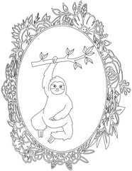 Sloth in A Floral Frame Coloring Page. Printable Coloring Worksheet for Kids. Educational Resources for School and Preschool.