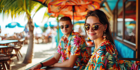 Couple on the beach in a summer café, luxury travel