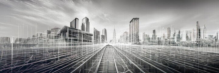 Fototapeta premium urban render with grid connection abstract cityscape