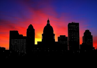 Stunning Sunset Silhouette of a City Skyline with Colorful Red and Orange Backdrop