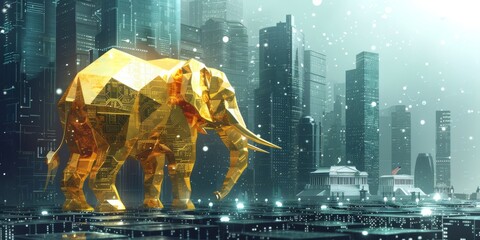 Futuristic Golden Origami Elephant Walking Through a Rainy, Neon-Lit Cityscape at Night