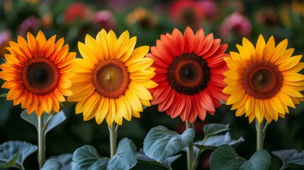 Vibrant Sunflowers in Full Bloom Captured in Vivid Yellow and Fiery Red Hues