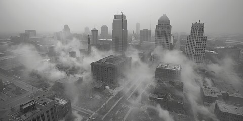 Mysterious Black and White Cityscape Shrouded in Fog - Skyscrapers Emerge from Clouds