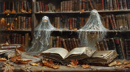 Charming Vintage Library Scene with Two Ghostly Figures and an Open Book Surrounded by Autumn Leaves
