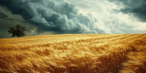 Windswept Golden Wheat Field Under Menacing Storm Clouds, A Lonely Tree Stands Defiant