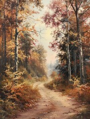 Obraz premium Serene path through an autumn forest, with gently falling leaves