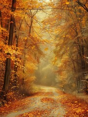 Serene path through an autumn forest, with gently falling leaves