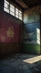 Obraz premium Sunlight streams through grid of windows, casting pattern of light, shadow on floor of abandoned room with peeling paint, decay. Walls, once vibrant, now showcase mix of faded red, blue, green hues.