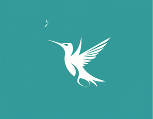logo design, simple and minimalistic  , a white hummingbird flying in the air on a turquoise background
