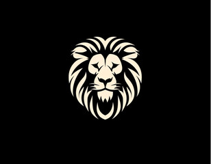 Logo design, lion head silhouette in white on a Black background, in a flat with simple lines
