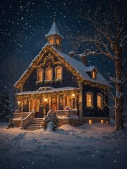 Cozy, illuminated house nestles amidst serene snowy landscape under tranquil night sky. Snowflakes gently fall, adding to thick blanket of snow that covers ground, trees. House.