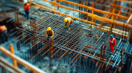 Obraz premium Illustrate a construction site managed by metallurgy experts, ensuring safety standards are met while erecting a steel framework