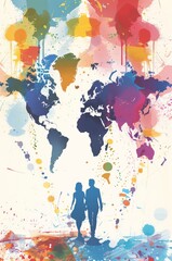 Two people walking beneath a colorful, abstract world map