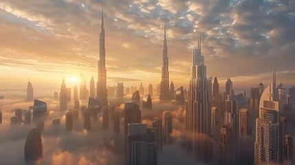 Dubai city 3d concept background. amazing city center skyline with luxury skyscrapers at sunrise,...
