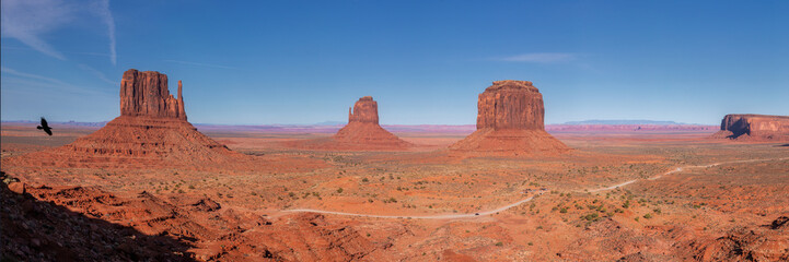 Scenic panoramic view of the epic Monument Valley in USA with a black bird flying in the foreground