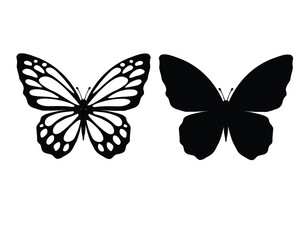 Black butterfly silhouettes. Outline butterflies romantic tattoo, tropical insects stencil. Summer and spring exotic symbols isolated vector set. Elegant wild flying moth of various shape