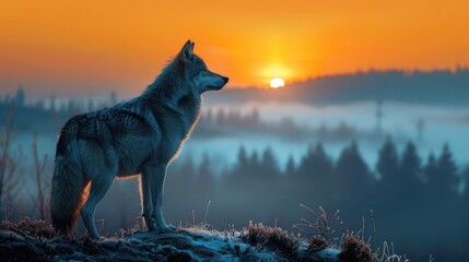 Abstract concept of mountain shapes forming the silhouette of a wolf, symbolizing wild adventures, dusk