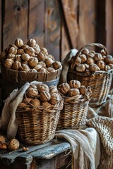 abundance and variety of nuts gathered in baskets or spilling over a rustic table