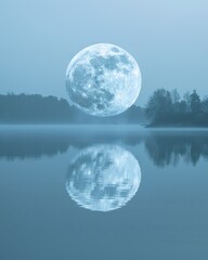 full moon on the smooth surface of a quiet lake, capturing the tranquility and the silver glow