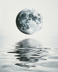 Full moon on the smooth surface of a quiet lake, capturing the tranquility and the silver glow 