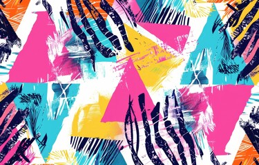 pattern of various triangles in bright colors with brush strokes and zebra stripes, on a white background, vibrant, tropical vibes Generative AI