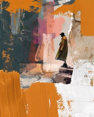 Abstract art collage created using mixed media. The base of the image is painted in rich colors: orange, white, black and gray. In the foreground you can see the silhouette of a man