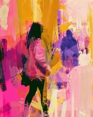 Abstract scene painted in bright colors. The main colors are pink, yellow, and purple, which are blurred and mixed together. The silhouette of a walking person can be recognized in the center 