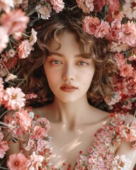 Young woman with short curly hair, lying among many pink flowers. She has fair skin and neutral makeup