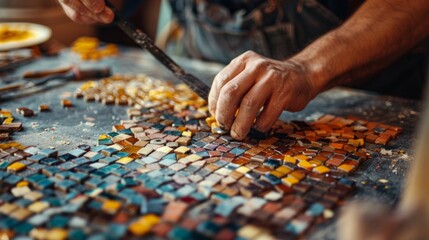 Man making mosaic. Process of making mosaic.