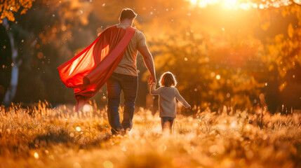 Dad as a superhero with his daughter. Father's Day.