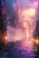 Obraz premium A cityscape with a foggy sky and buildings lit up at night, AI