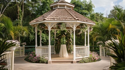 Fototapeta premium Picturesque wedding gazebo with lush greenery and plenty of copy space