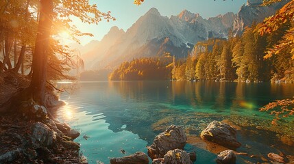 Impressive Autumn landscape during sunset. The Fusine Lake in front of the Mongart under sunlight. Amazing sunny day on the mountain lake. concept of an ideal resting place. Creative image