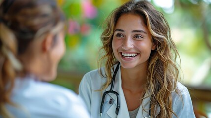 medical professional care, an indian female doctor warmly smiles at a young patient during a check-up, fostering a comforting and reassuring atmosphere in the clinic
