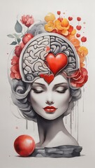 balance your life, logic and feel concept with heart and brain in hands at grey background watercolor Painting
