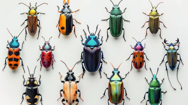 collection of colorful beetles on white background