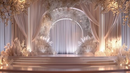 Ethereal wedding stage with a white floral arch and cascading lights in a modern setting