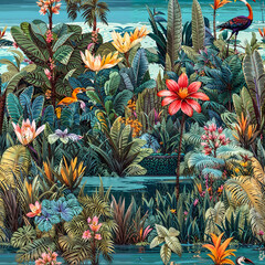 Tropical scene seamless background, realistic style pattern, modern wallpaper design. Generative ai