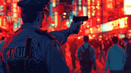 Illustrate a police officer in pursuit, gun drawn, following a suspect through a crowded street from behind