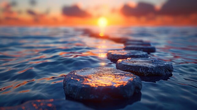 Abstract visualization of life milestones as stepping stones over a calm sea, wisdom journey, dawn light, front view