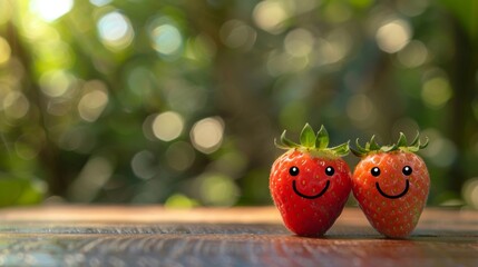 Two couple strawberry with smiley faces on a desk. International Friendship Day Concept.