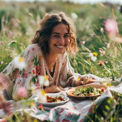 Fototapeta premium The painting depicts a woman with elegant hairstyle and captivating facial expression, laying in the grass surrounded by colorful flowers AIG50