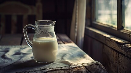 On the wooden table sits a glass jug filled with fresh milk