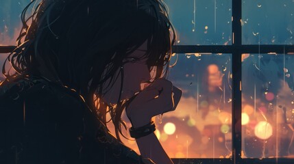 Sad Girl by Window Watching Storm on Rainy Night - Anime Illustration
