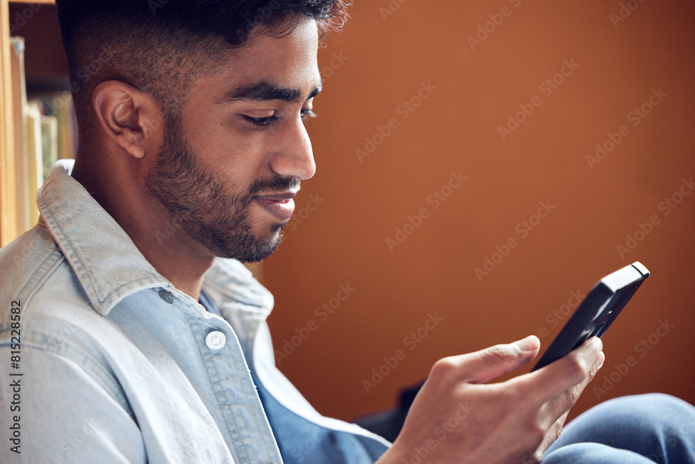 Poster Research, library and smile for phone, man and student in college of Massachusetts, knowledge and information. University, campus and person with mobile, internet and learning for assignment in app