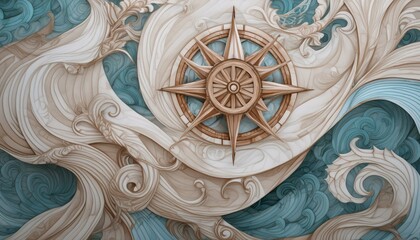 A detailed artwork of a compass surrounded by intricate swirling patterns.