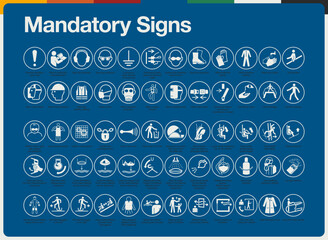 International set signs symbols ISO 7010. Used in industrial applications public buildings. Prohibited, Mandatory, Warning, Fire, Safe, First Aid. Print stickers posters, books and more