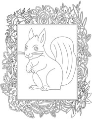 Squirrel in A Floral Frame Coloring Page. Printable Coloring Worksheet for Kids. Educational Resources for School and Preschool.