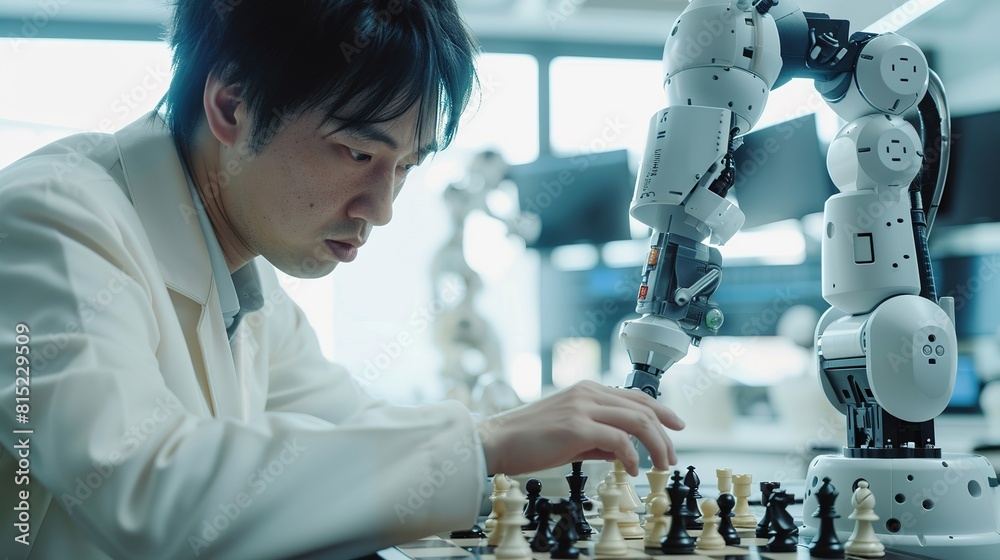 Poster professional japanese development engineer is testing an artificial intelligence interface by playin