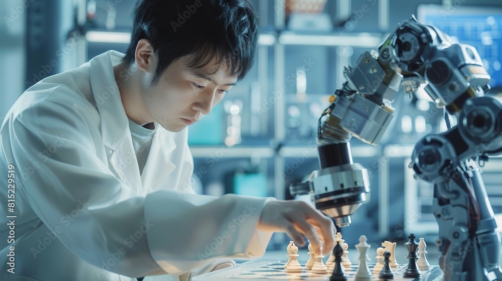Poster professional japanese development engineer is testing an artificial intelligence interface by playin